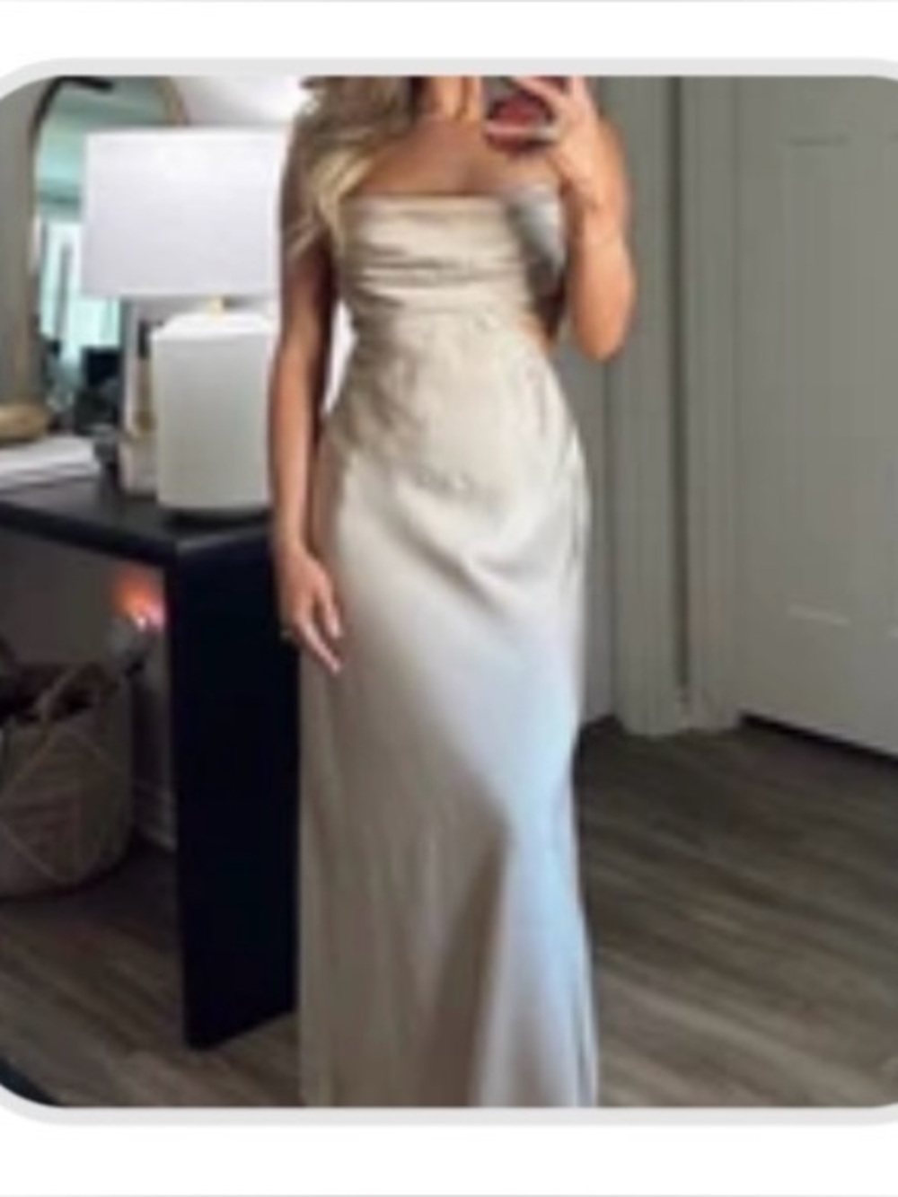 MARBLE Champagne-Beige Strapless Satin Midi Dress